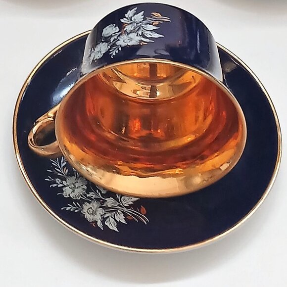 VTG Cobalt Blue Gold Interior Fine Porcelain Favolina 4 Cups & Saucers Poland - Picture 14 of 16